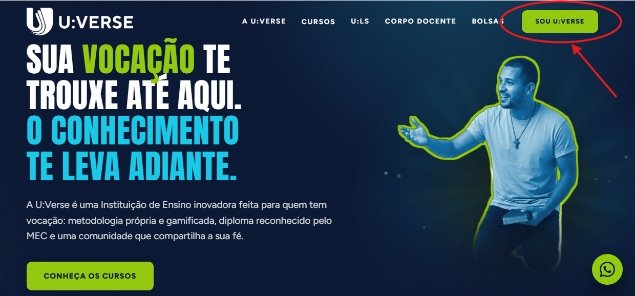 Página inicial da U:Verse com o botão Sou U:Verse indicado pela seta